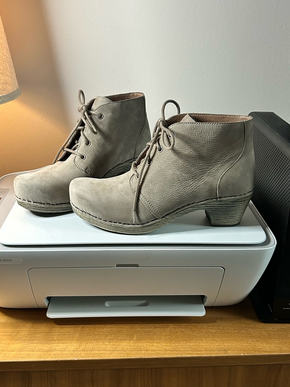 Dansko Meena  Taupe Lace-Up Nubuck Clog Booties, 38
